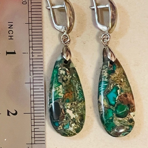 VTG Green Imperial Jasper Teardrop Earrings 925 Sterling Silver Clasp - Picture 3 of 7